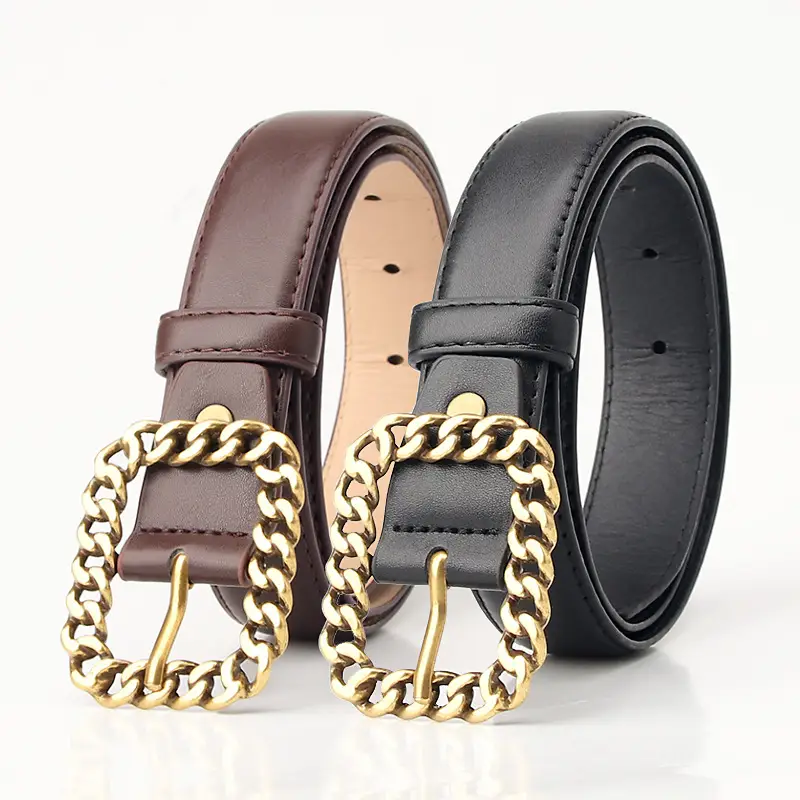 Women Black Leather Chain Belt with Gold Buckle - Image 8