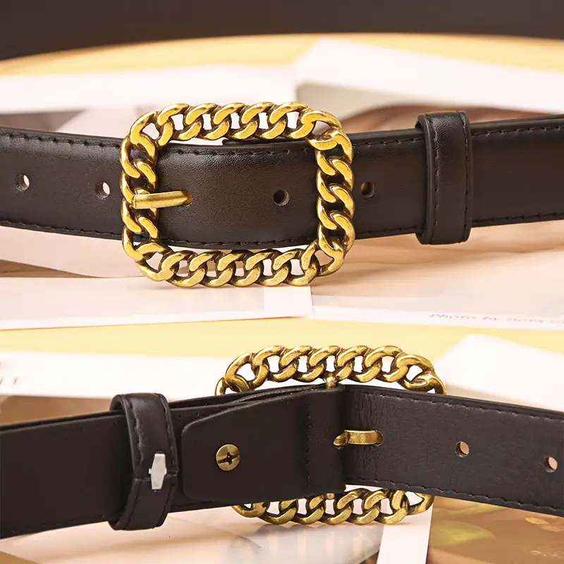 Women Black Leather Chain Belt with Gold Buckle - Image 9