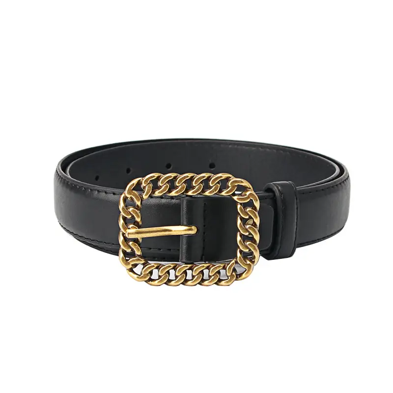 Women Black Leather Chain Belt with Gold Buckle - Image 10