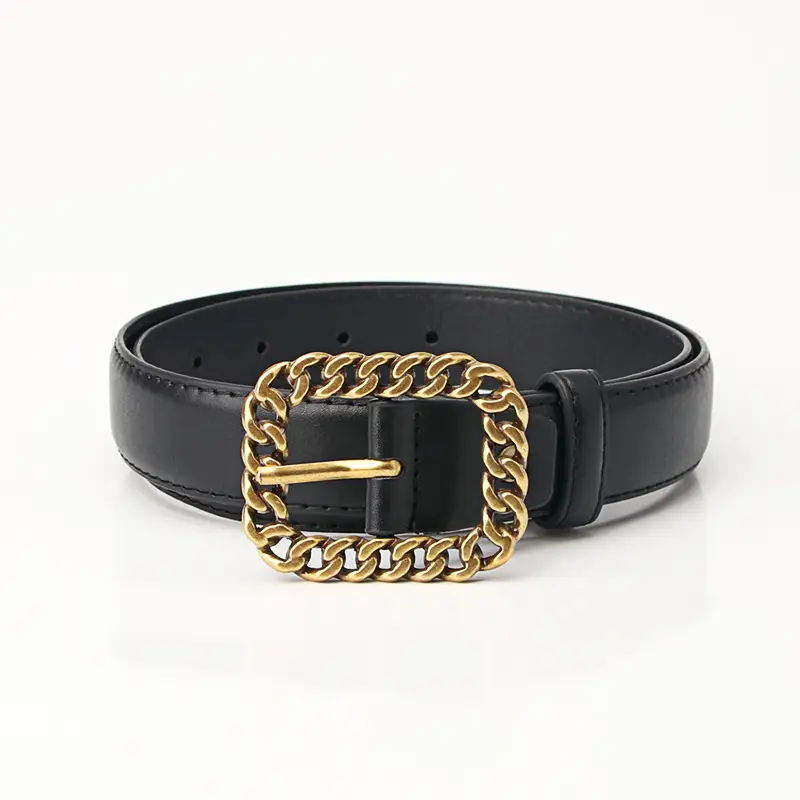 Women Black Leather Chain Belt with Gold Buckle