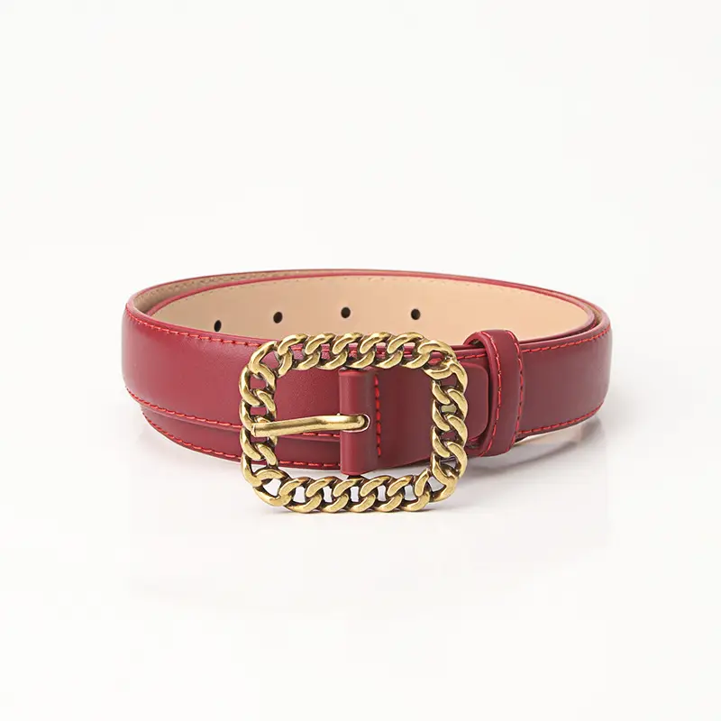 Women Black Leather Chain Belt with Gold Buckle - Image 2