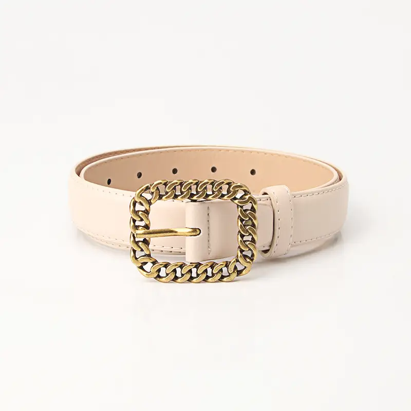 Women Black Leather Chain Belt with Gold Buckle - Image 3