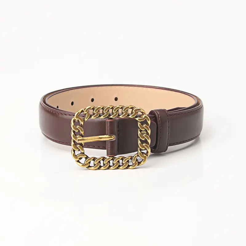 Women Black Leather Chain Belt with Gold Buckle - Image 4