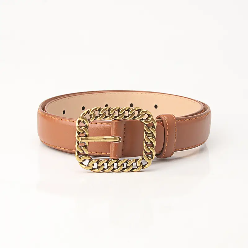 Women Black Leather Chain Belt with Gold Buckle - Image 5