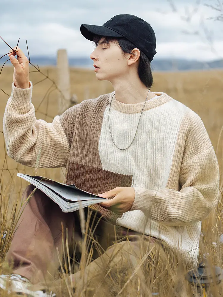 Thick Knit Textured Round Neck Sweater Jacket Beige Brown Patchwork 2024 - Image 5