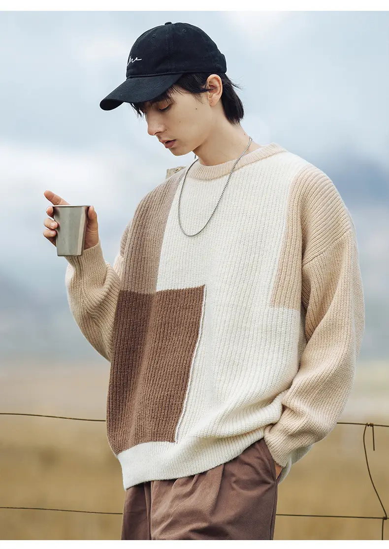 Thick Knit Textured Round Neck Sweater Jacket Beige Brown Patchwork 2024 — feature 12
