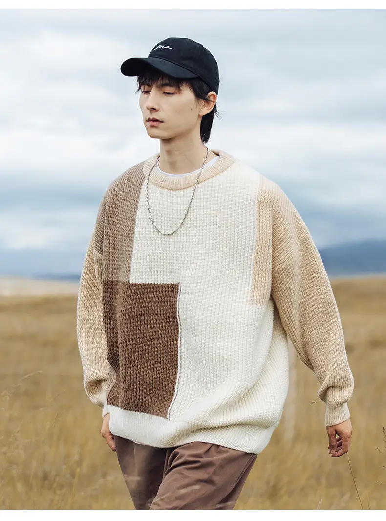 Thick Knit Textured Round Neck Sweater Jacket Beige Brown Patchwork 2024 — feature 13