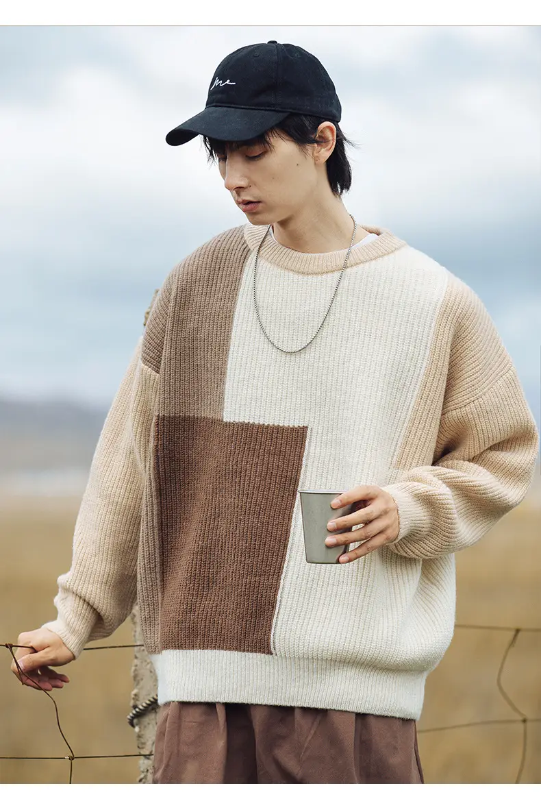 Thick Knit Textured Round Neck Sweater Jacket Beige Brown Patchwork 2024 — feature 14