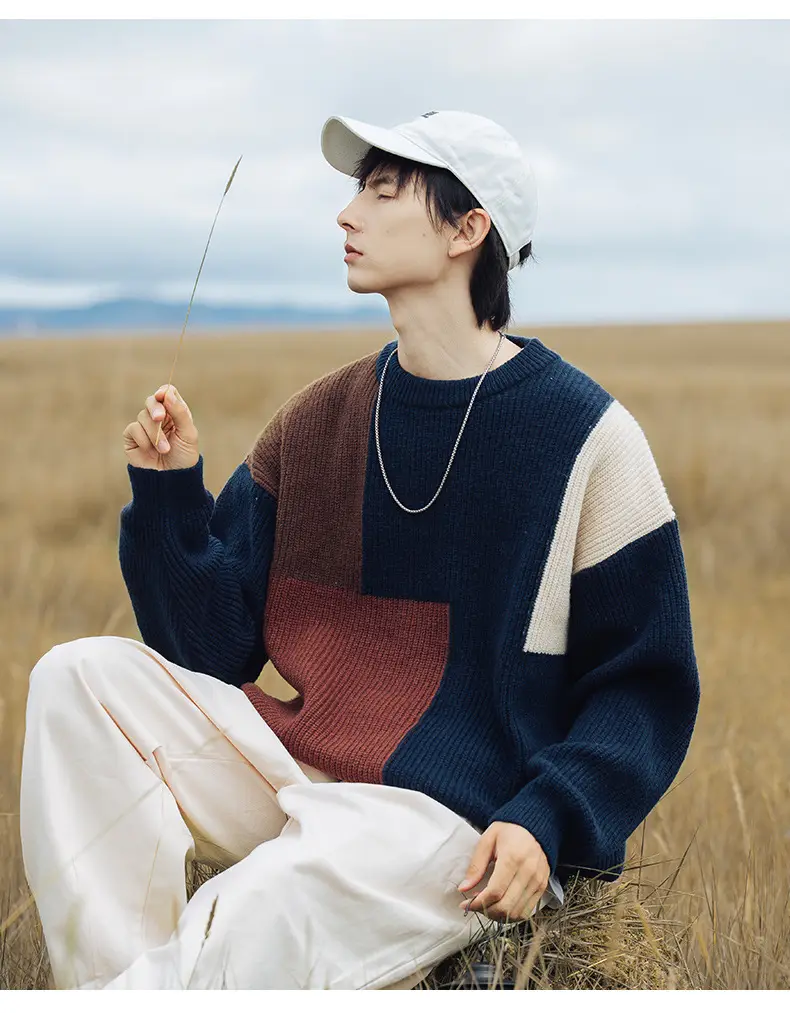 Thick Knit Textured Round Neck Sweater Jacket Beige Brown Patchwork 2024 — feature 15