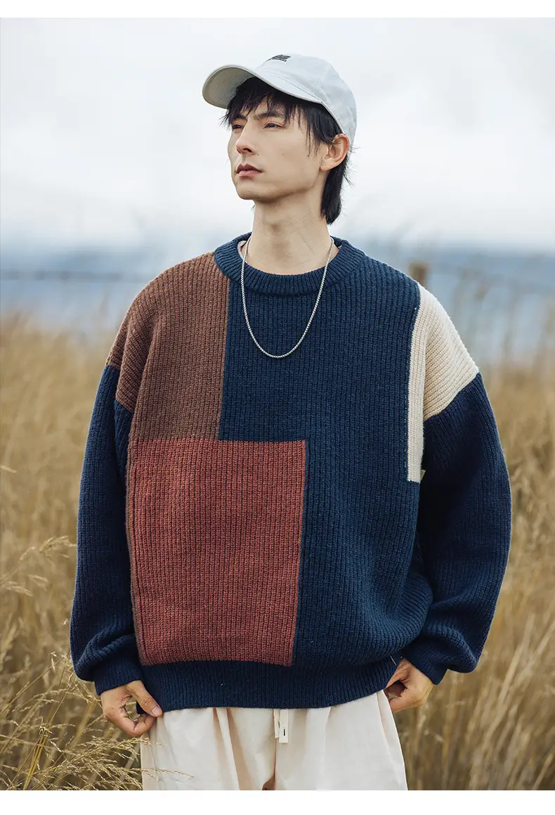 Thick Knit Textured Round Neck Sweater Jacket Beige Brown Patchwork 2024 — feature 16