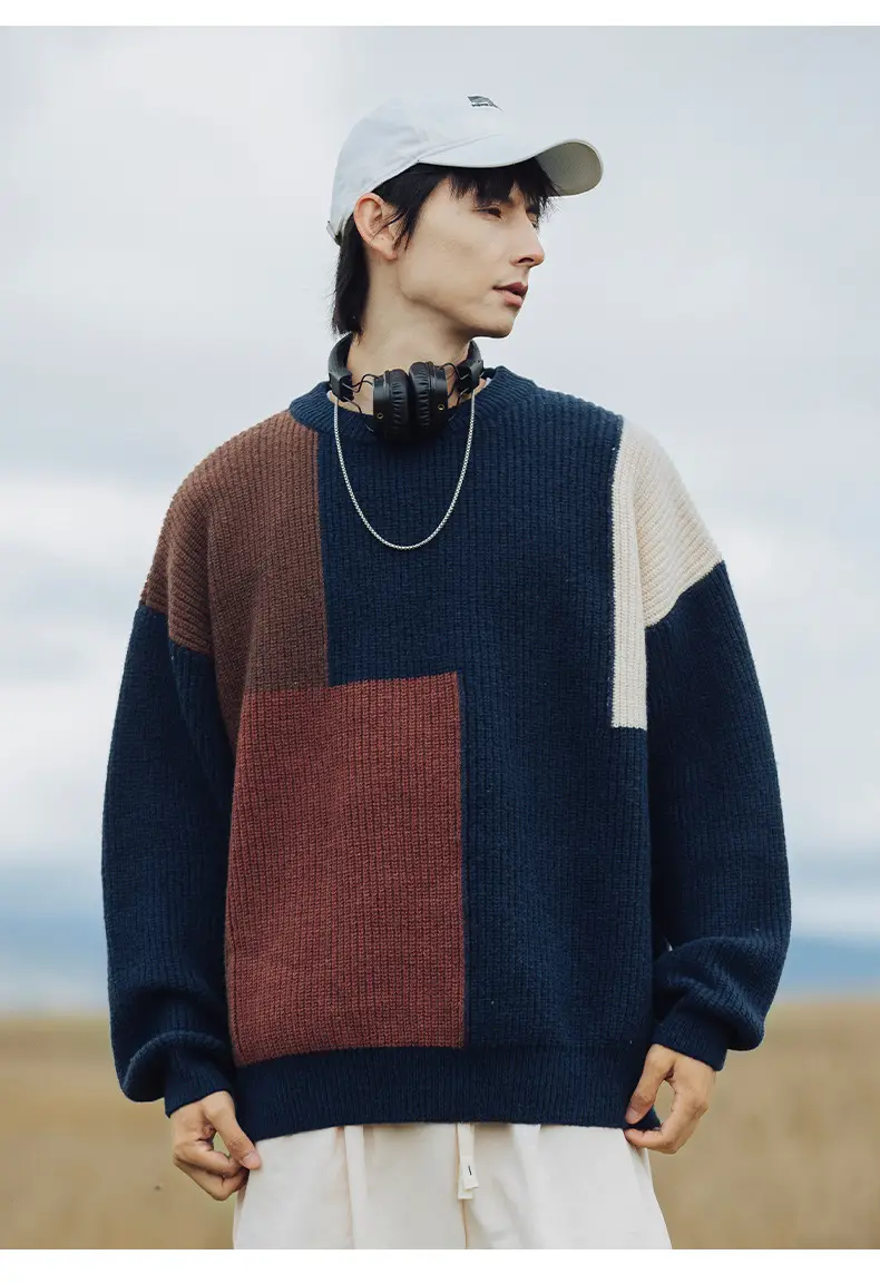 Thick Knit Textured Round Neck Sweater Jacket Beige Brown Patchwork 2024 — feature 17