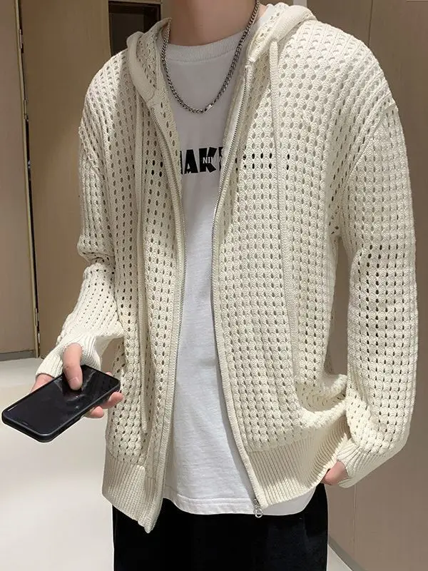 Men's Black Hollow Out Knit Hoodie Oversize