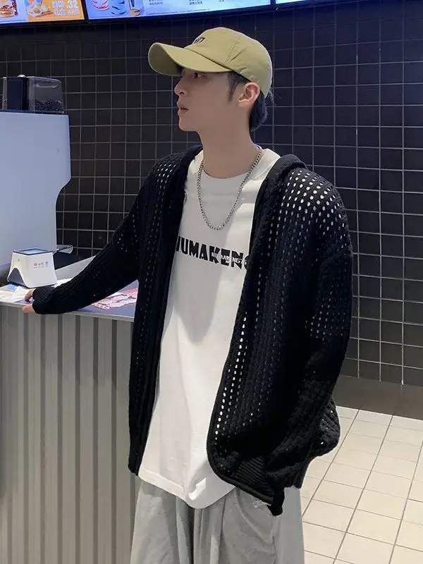 Men's Black Hollow Out Knit Hoodie Oversize
