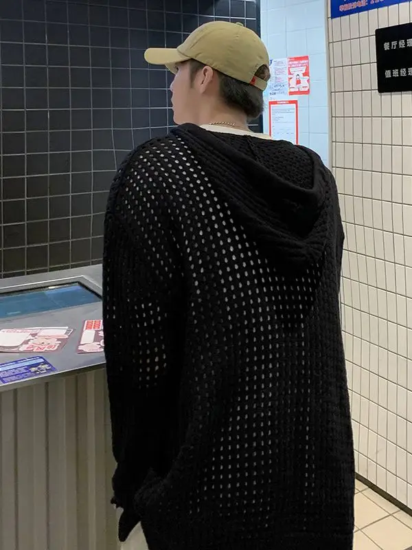 Men's Black Hollow Out Knit Hoodie Oversize