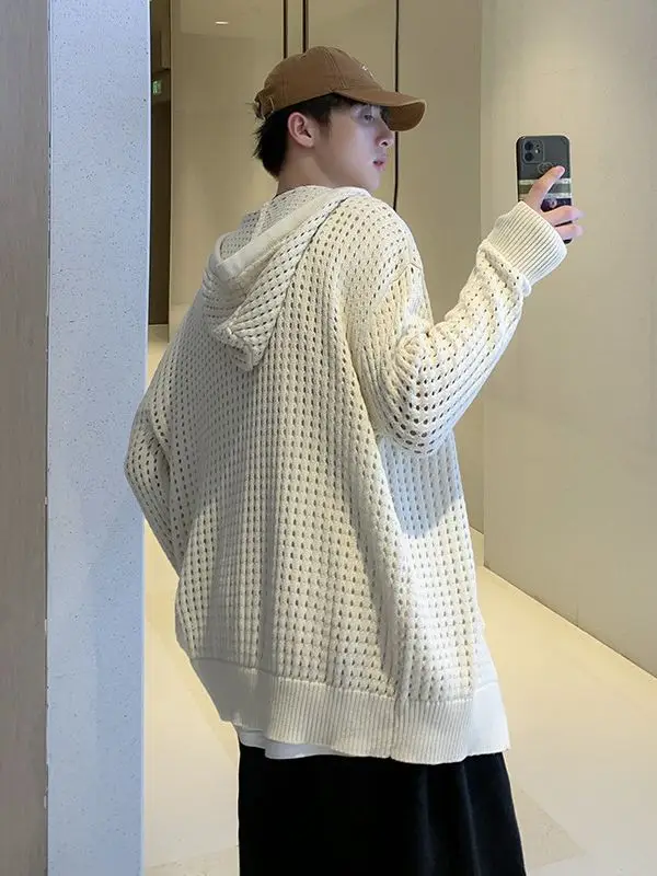 Men's Black Hollow Out Knit Hoodie Oversize