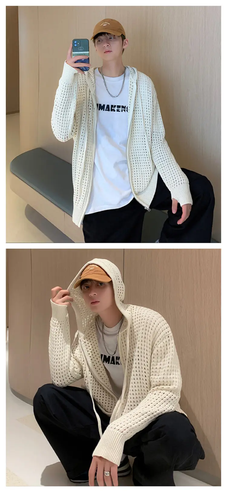 Men's Black Hollow Out Knit Hoodie Oversize — feature 11