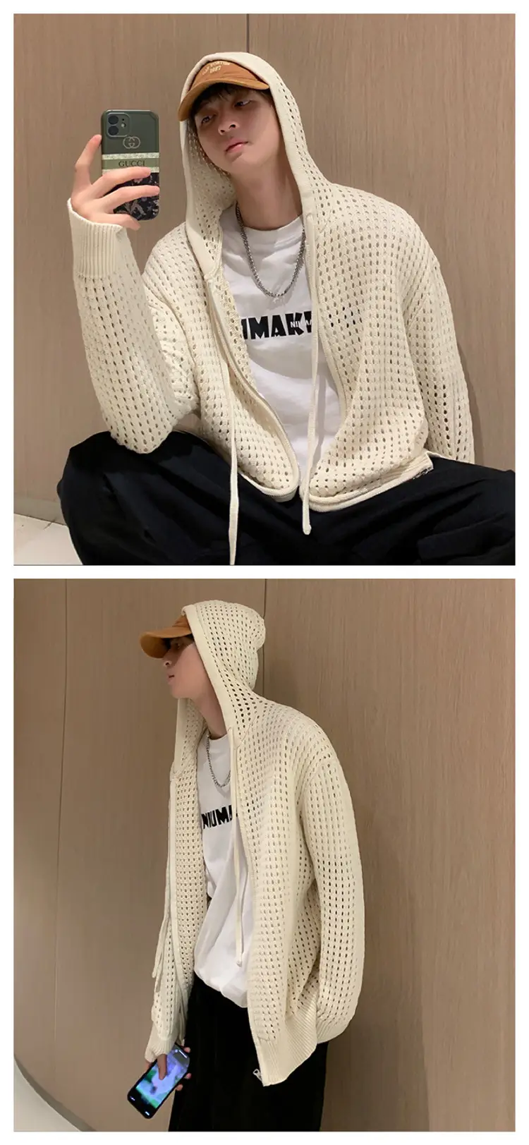 Men's Black Hollow Out Knit Hoodie Oversize — feature 12