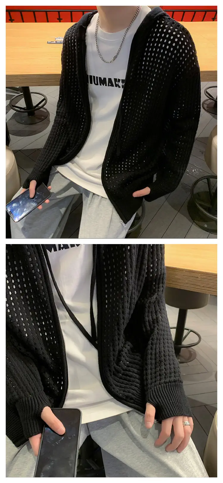 Men's Black Hollow Out Knit Hoodie Oversize — feature 3
