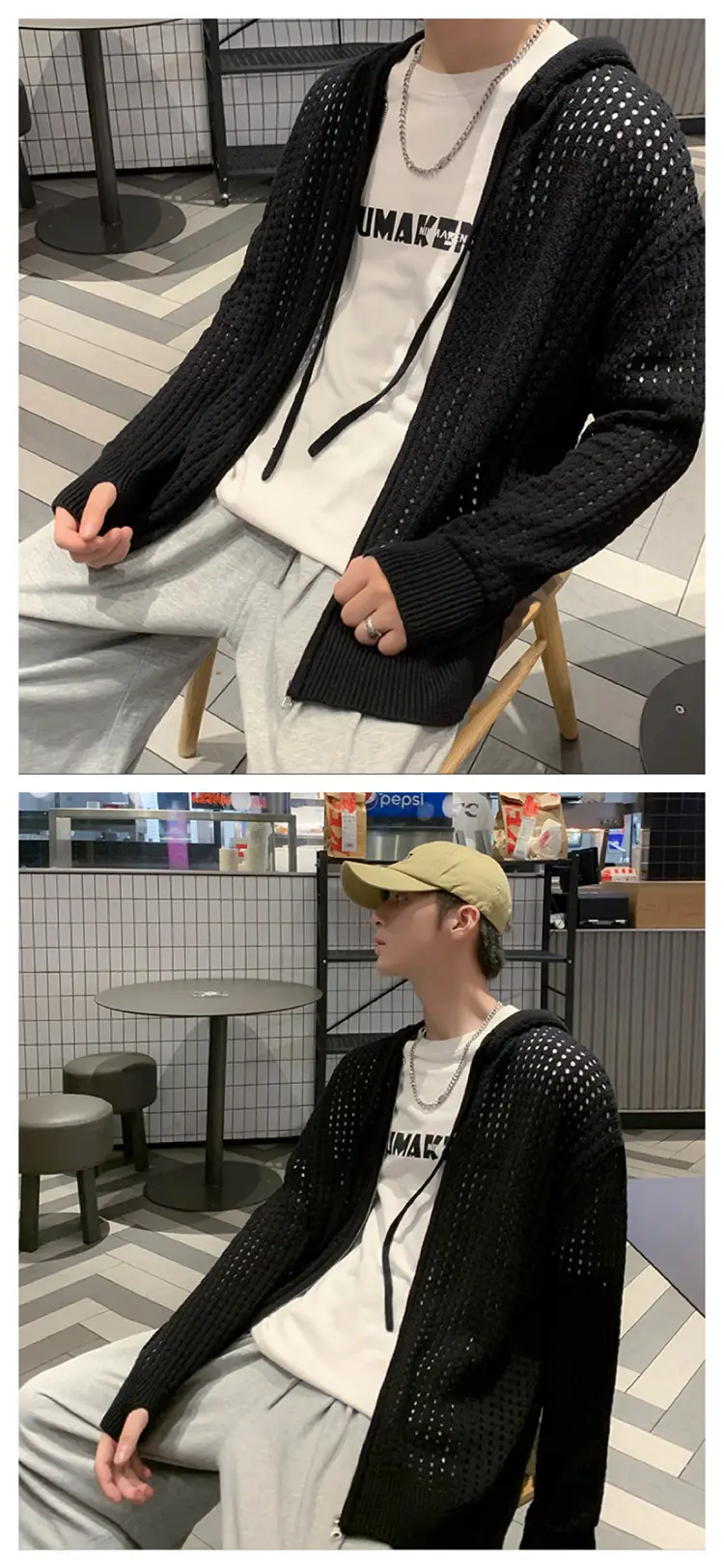 Men's Black Hollow Out Knit Hoodie Oversize — feature 7