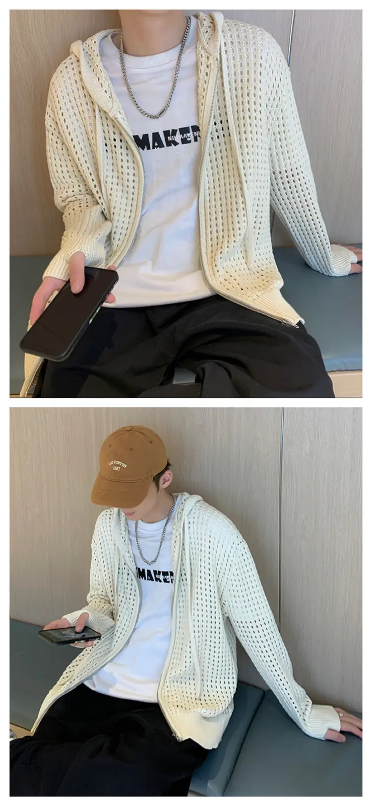 Men's Black Hollow Out Knit Hoodie Oversize — feature 8