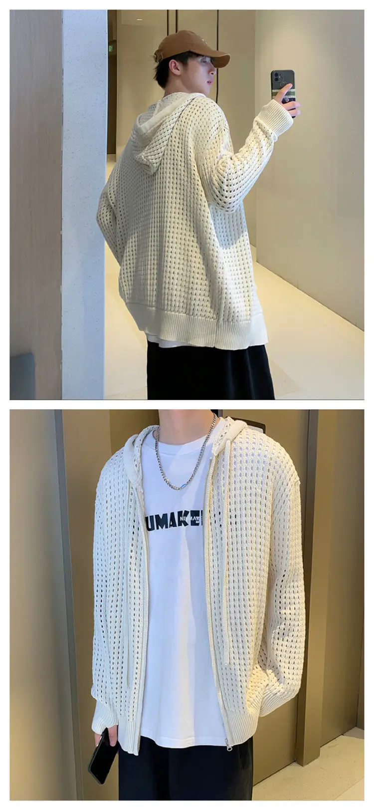 Men's Black Hollow Out Knit Hoodie Oversize — feature 9