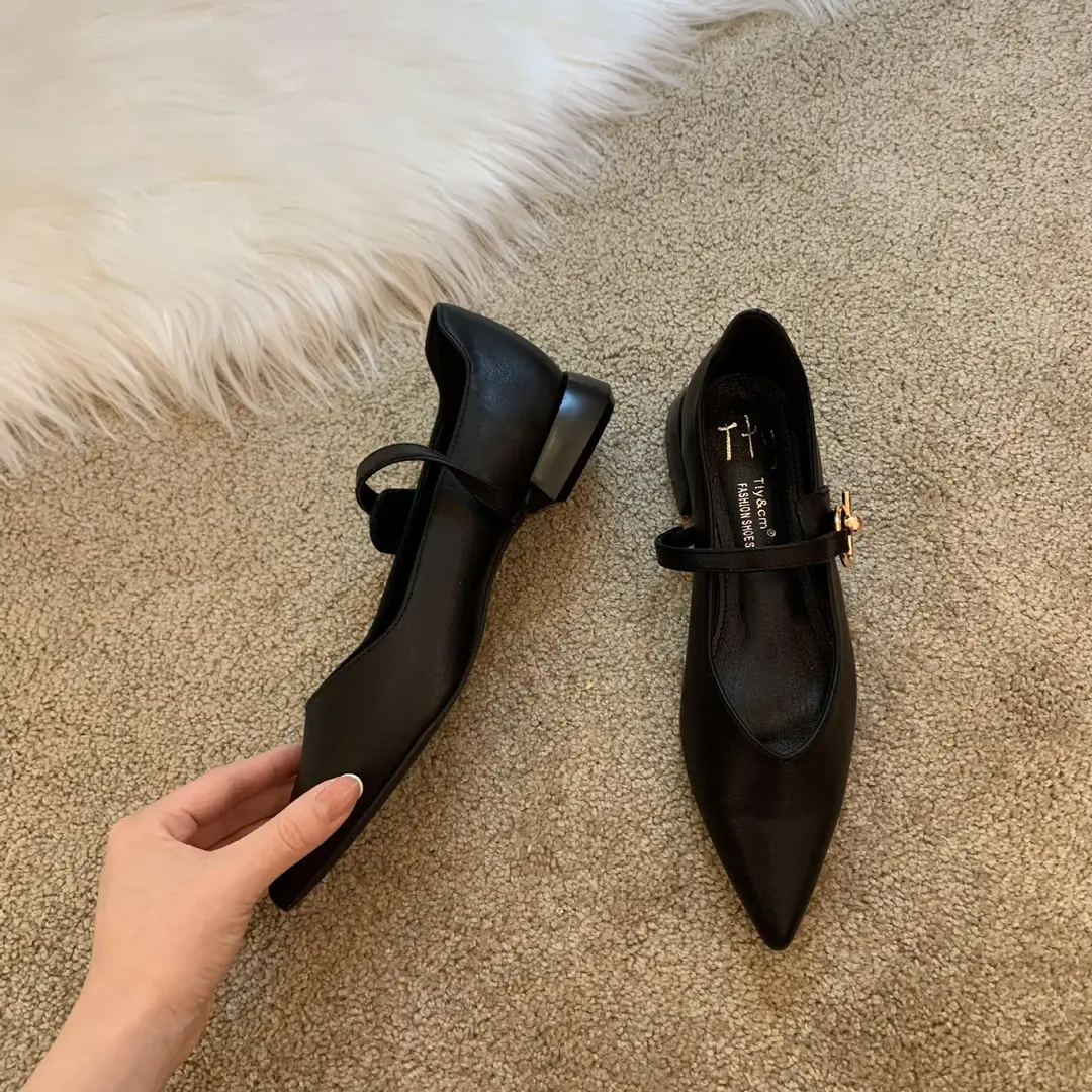 Design sense niche low heel shoes French retro single shoes chunky heel buckle women's shoes — feature 11