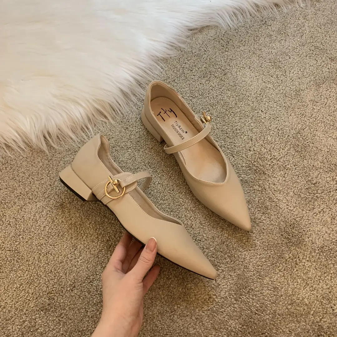Design sense niche low heel shoes French retro single shoes chunky heel buckle women's shoes — feature 14
