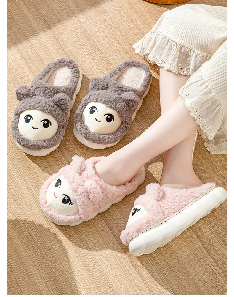Slip-on cartoon cotton slippers women's autumn and winter warm comfortable thick-soled indoor home cute plush confinement shoes — feature 12