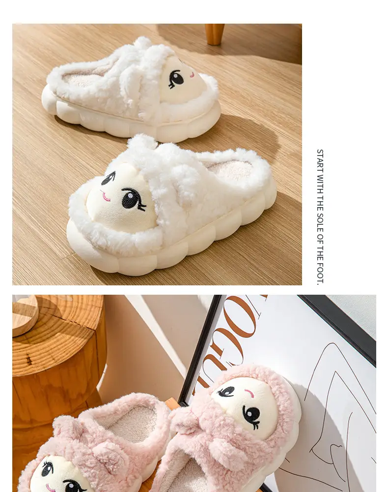 Slip-on cartoon cotton slippers women's autumn and winter warm comfortable thick-soled indoor home cute plush confinement shoes — feature 13