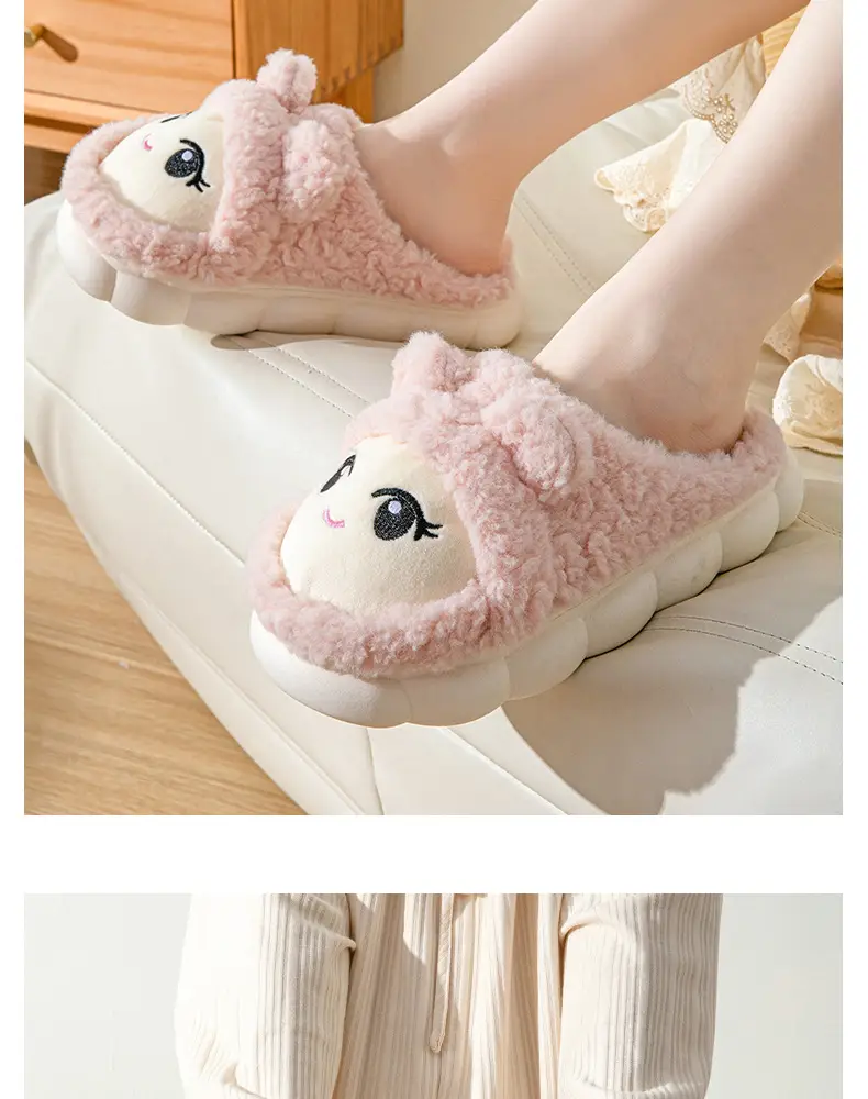 Slip-on cartoon cotton slippers women's autumn and winter warm comfortable thick-soled indoor home cute plush confinement shoes — feature 15