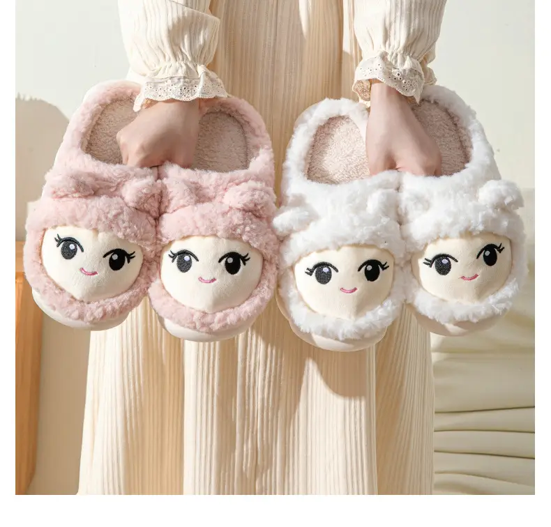 Slip-on cartoon cotton slippers women's autumn and winter warm comfortable thick-soled indoor home cute plush confinement shoes — feature 16