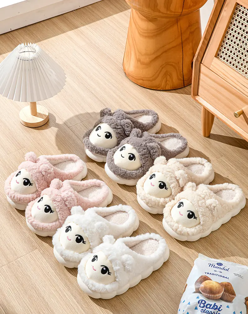 Slip-on cartoon cotton slippers women's autumn and winter warm comfortable thick-soled indoor home cute plush confinement shoes — feature 4