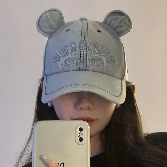 Washed Denim Bear Ears Baseball Cap Face Mask - Image 7