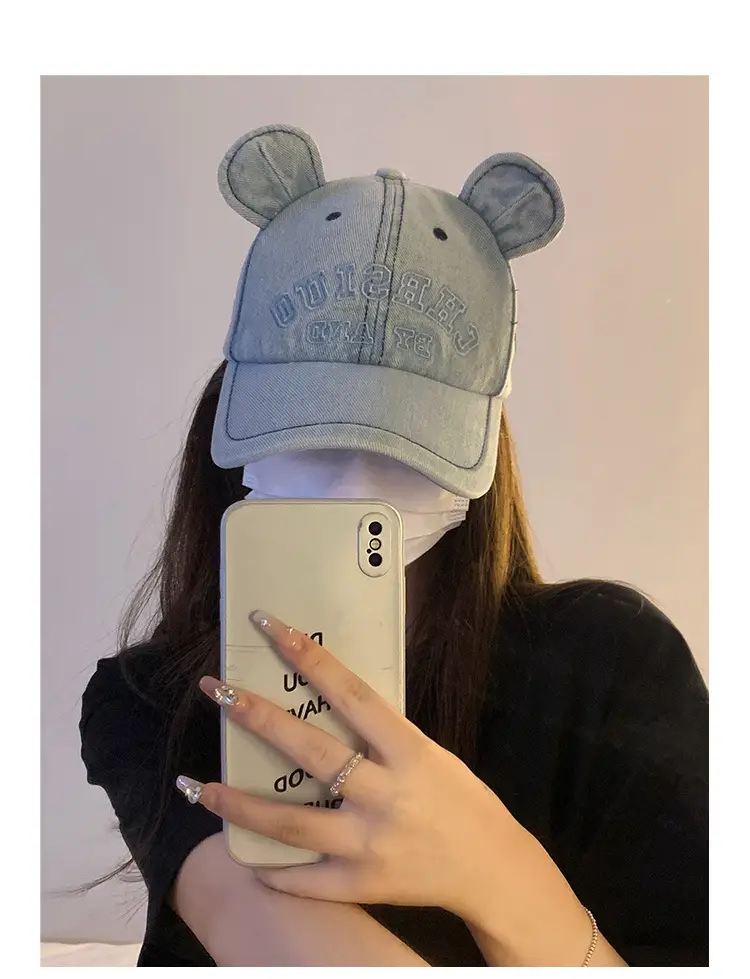 Washed Denim Bear Ears Baseball Cap Face Mask — feature 8