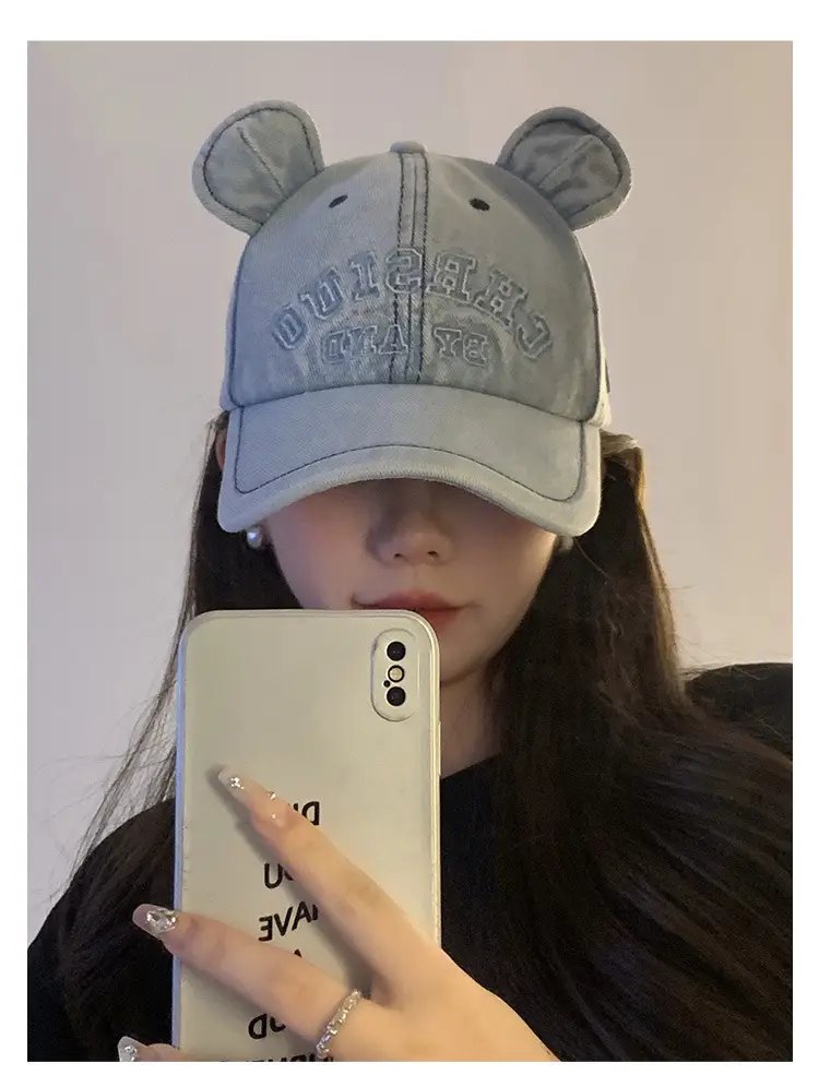 Washed Denim Bear Ears Baseball Cap Face Mask — feature 9