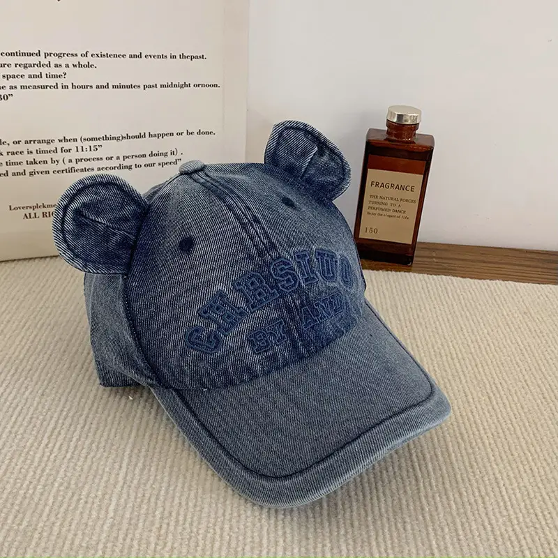 Washed Denim Bear Ears Baseball Cap Face Mask - Image 3
