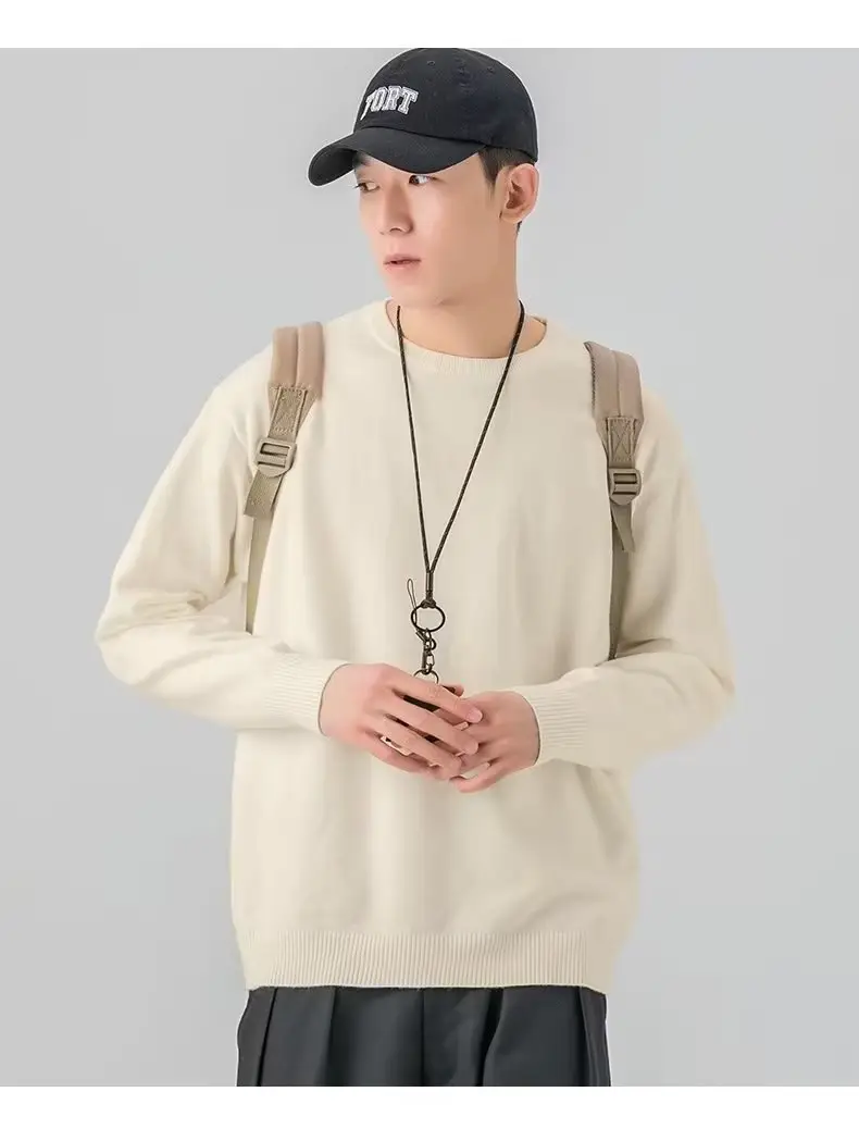 Men Knitted Crewneck Sweater Beige Loose Fit — feature 21