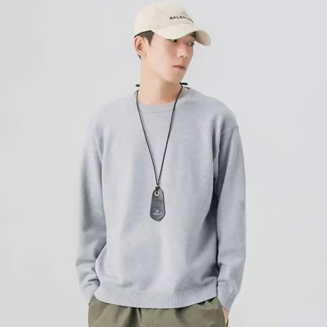 Men Knitted Crewneck Sweater Beige Loose Fit - Image 2
