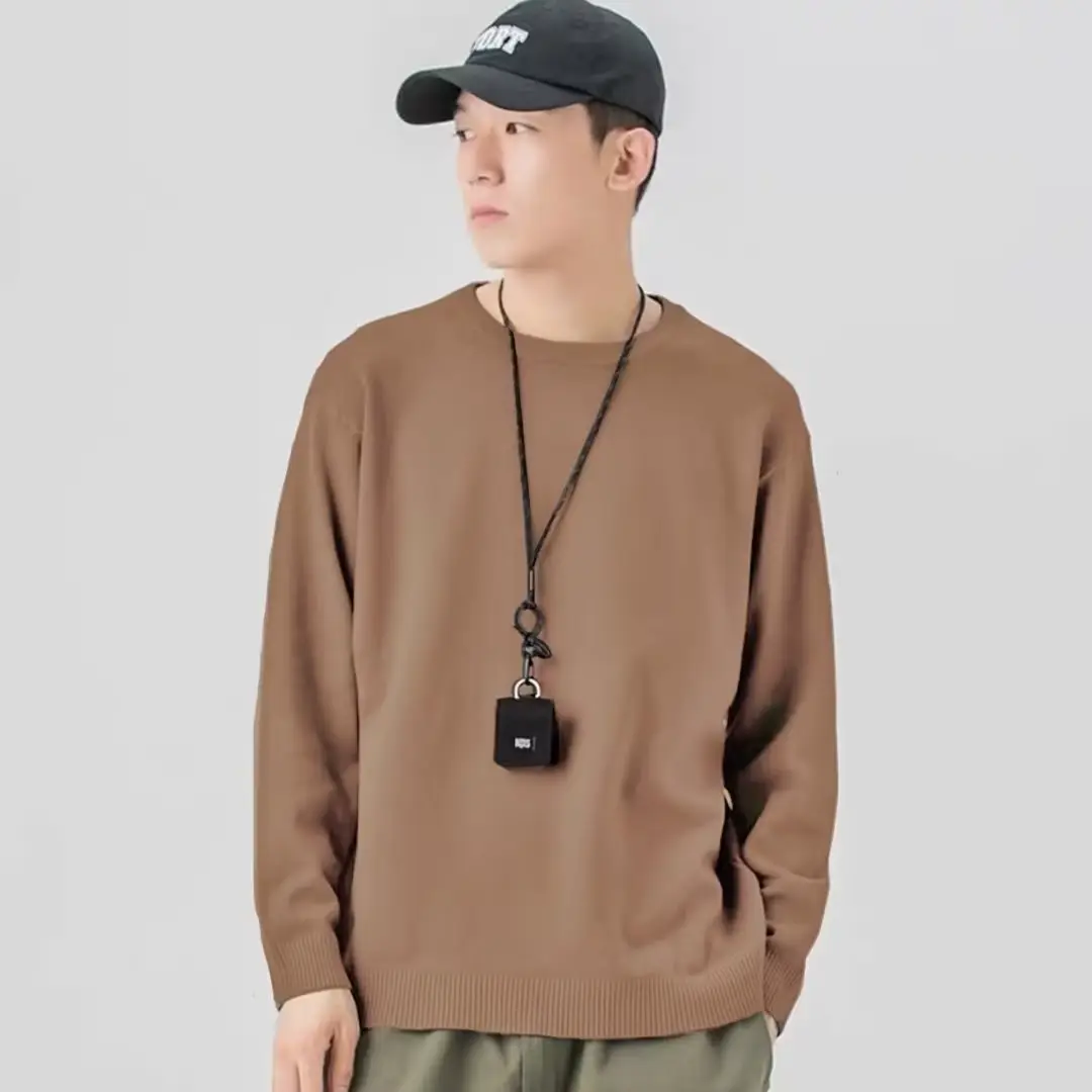 Men Knitted Crewneck Sweater Beige Loose Fit - Image 4