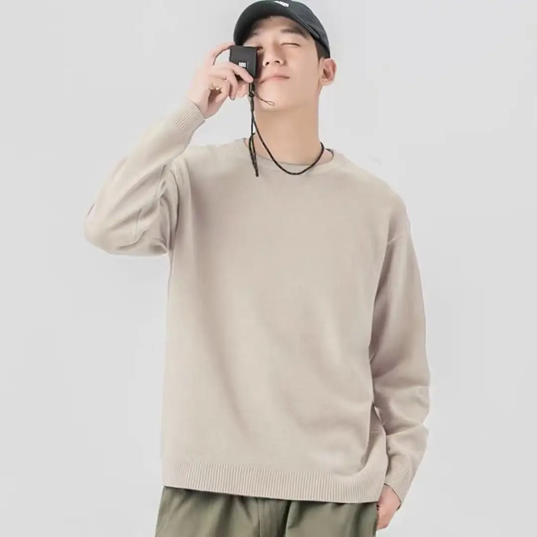 Men Knitted Crewneck Sweater Beige Loose Fit - Image 5