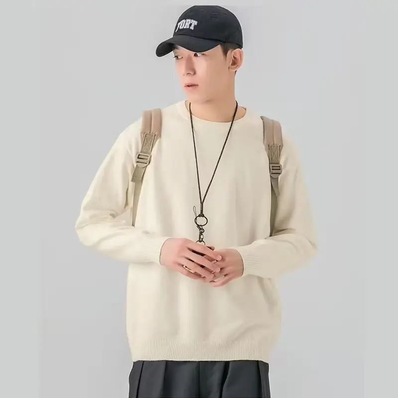 Men Knitted Crewneck Sweater Beige Loose Fit - Image 6