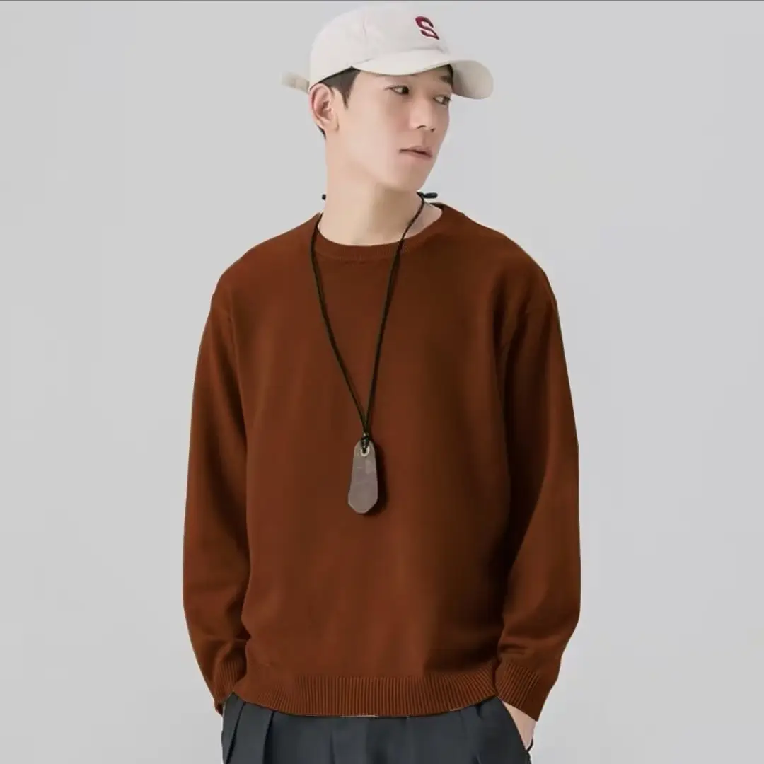 Men Knitted Crewneck Sweater Beige Loose Fit - Image 7
