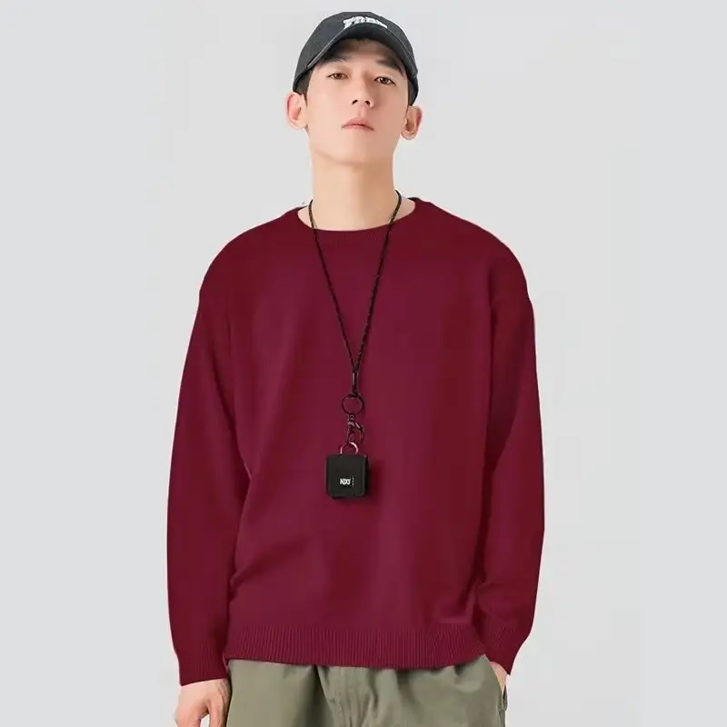 Men Knitted Crewneck Sweater Beige Loose Fit - Image 8