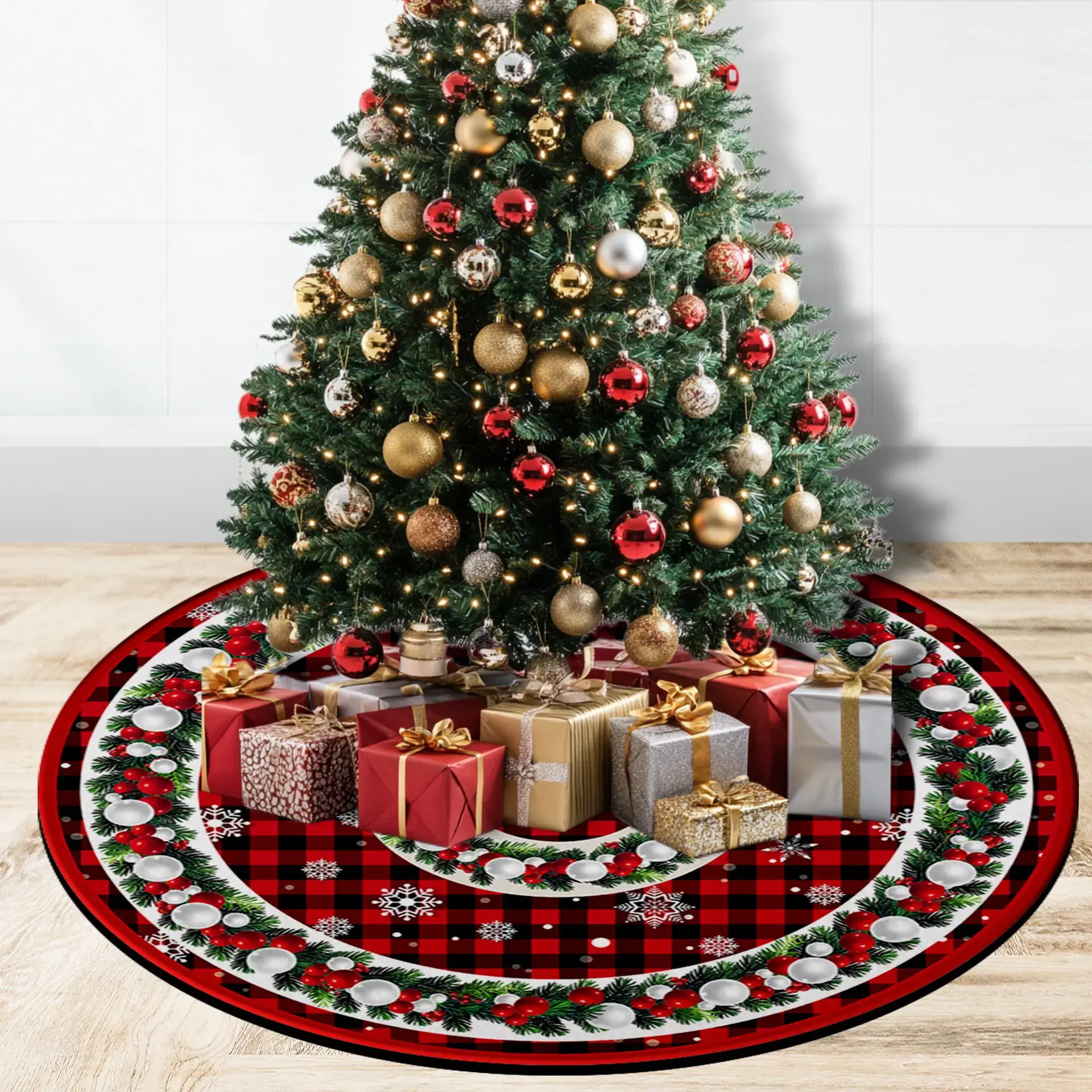 Christmas Tree Skirt Decor 90cm Red Plaid - Image 24