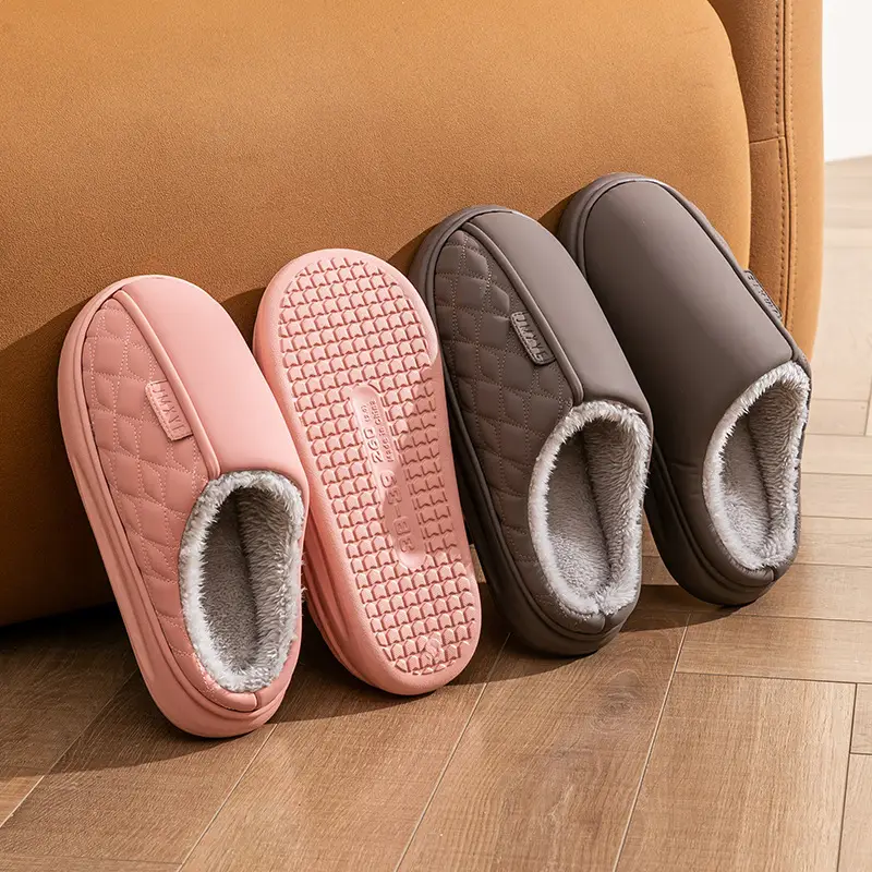 Women Winter Waterproof Cotton Slippers Pu Leather Warm Indoor - Image 5
