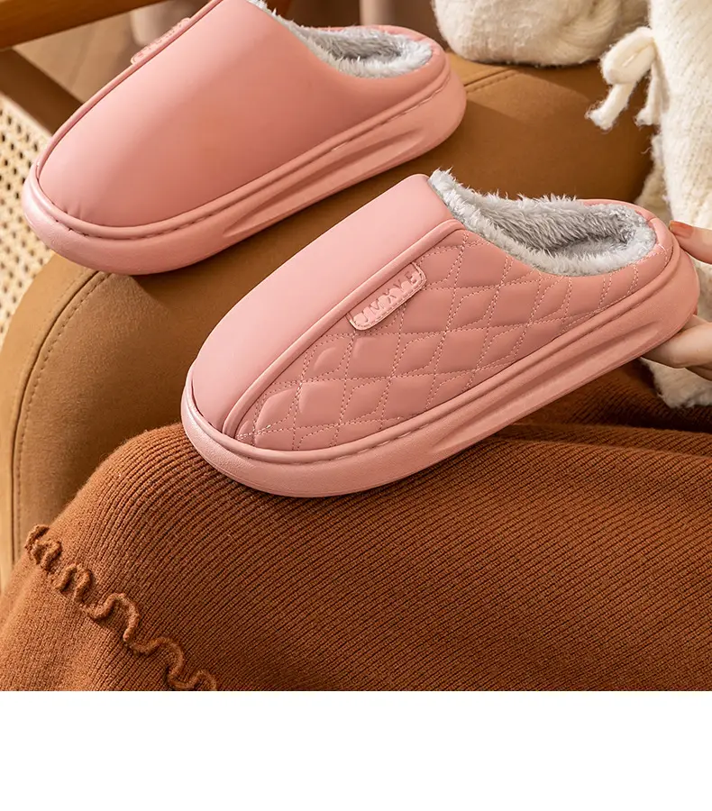 Women Winter Waterproof Cotton Slippers Pu Leather Warm Indoor — feature 4