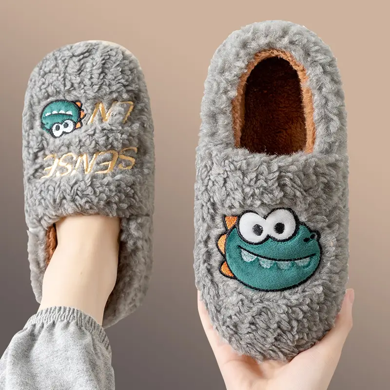 Men's Winter Plush Cotton Slippers Gray with Cartoon Embroidery - Image 6