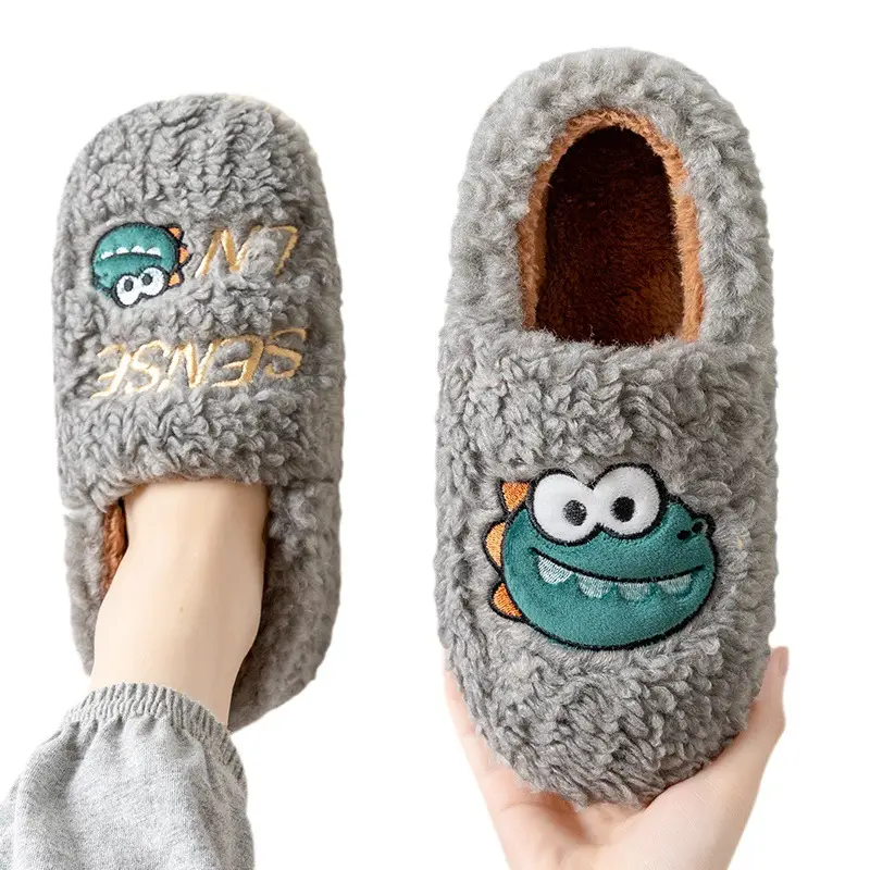 Men's Winter Plush Cotton Slippers Gray with Cartoon Embroidery - Image 9