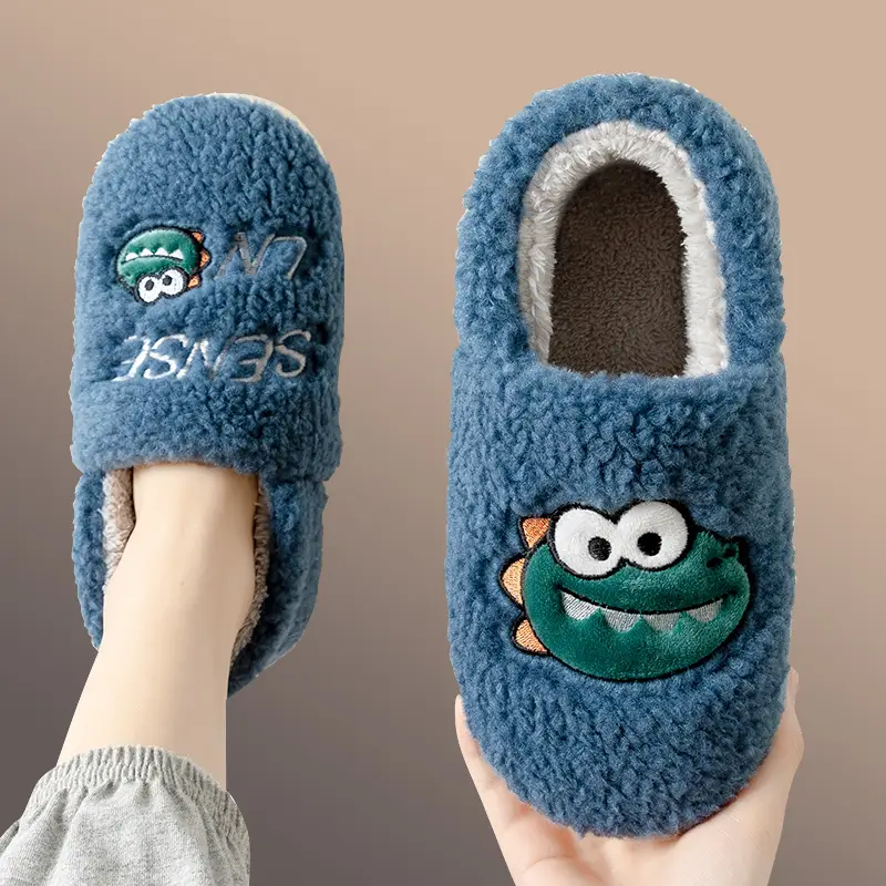 Men's Winter Plush Cotton Slippers Gray with Cartoon Embroidery - Image 2