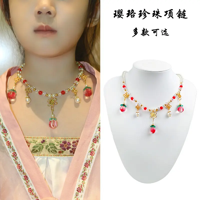 Children's Hanfu Necklace & Earrings Set Blue Light Pearl Collar Ancient Costume